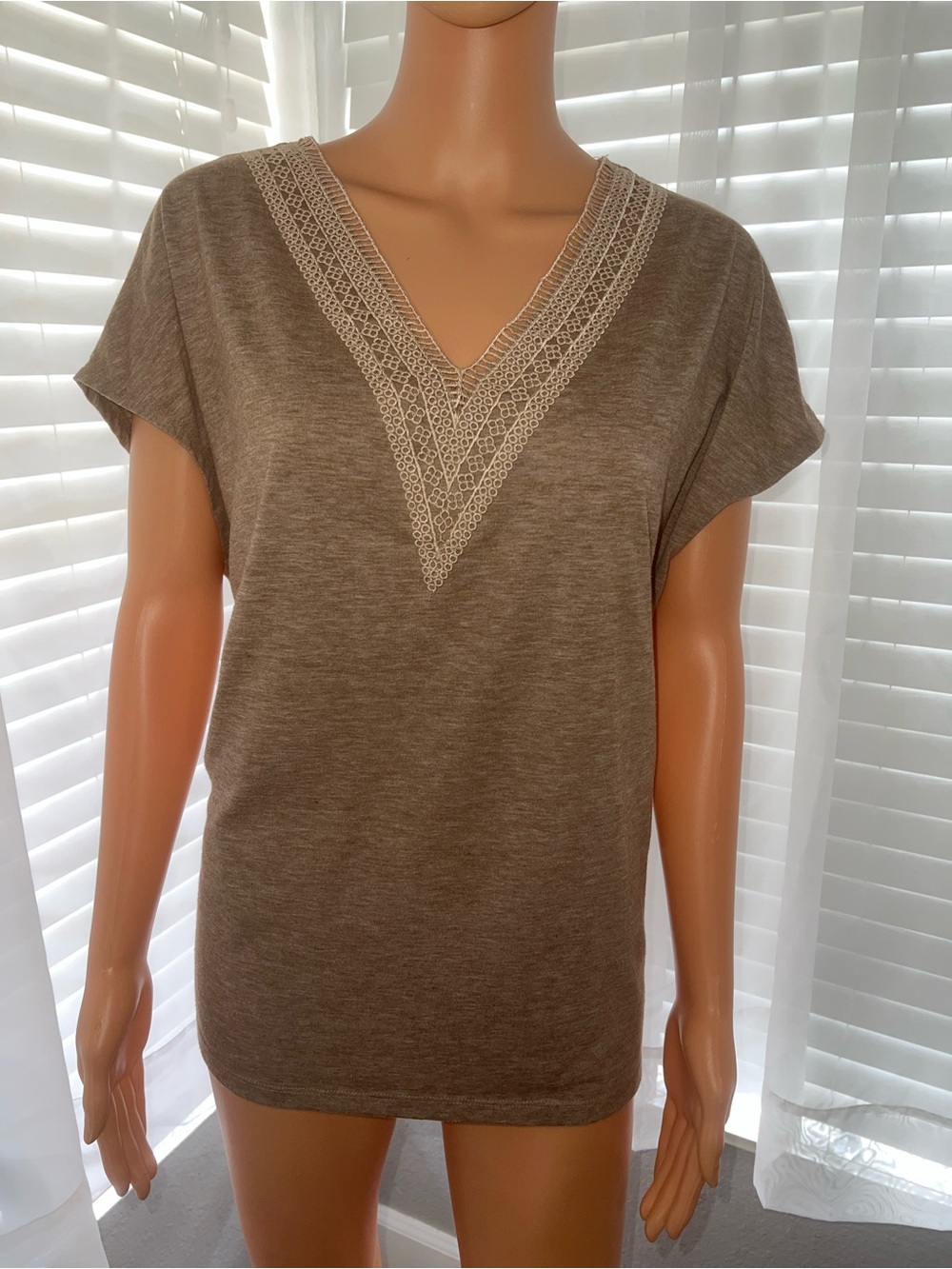V-Neck Crochet Trim Short Sleeve Top